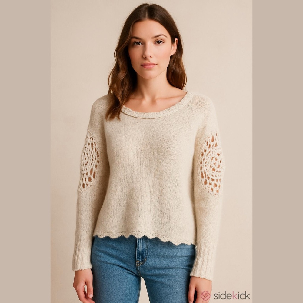 POL Knit Pullover Sweater With Crochet Details On The Sleeves - Picture 1 of 14